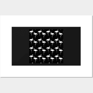 Flamingos Tropical Birds Pattern White on Black Posters and Art